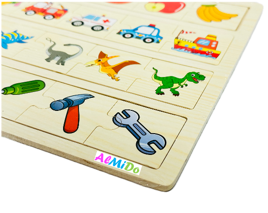 Plansa cu 4 categorii de puzzle de asociere, model fructe/vehicule/dinozauri/unelte, Almido, Lemn, Multicolor [3]