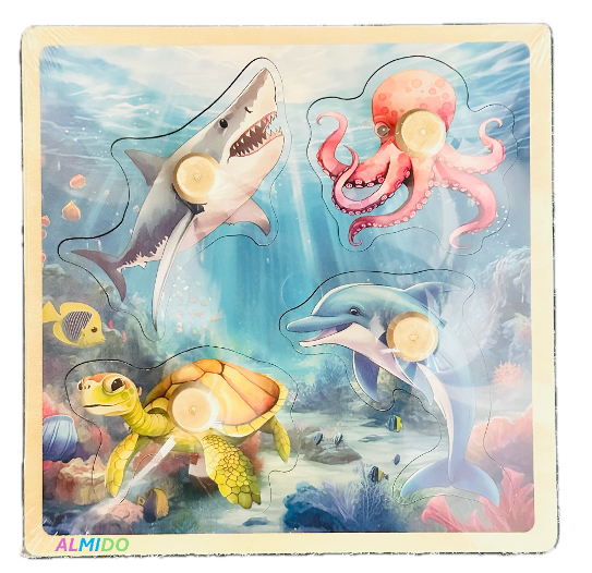 Puzzle incastru din lemn, 4 piese cu buton, Animale Marine, Almido, Multicolor [1]