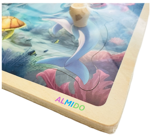 Puzzle incastru din lemn, 4 piese cu buton, Animale Marine, Almido, Multicolor [2]