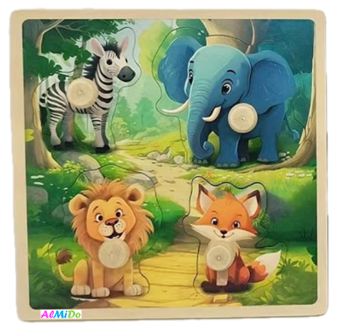 Puzzle incastru din lemn, 4 piese cu buton, Animale salbatice, Almido, Multicolor [1]