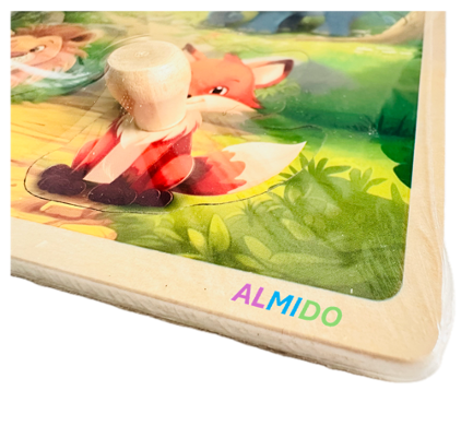 Puzzle incastru din lemn, 4 piese cu buton, Animale salbatice, Almido, Multicolor [2]