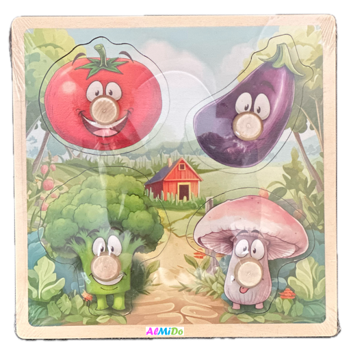 Puzzle incastru din lemn, 4 piese cu buton, Legume, Almido, Multicolor [1]