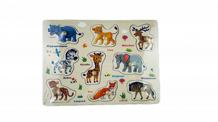 Puzzle lemn, tablita incastru in limba engleza, 9 piese, Animale salbatice [1]