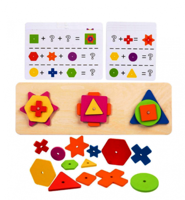 Puzzle logic Montessori din lemn,asocieri forme geomotrice cu cartonase Almido, 30 cm [2]