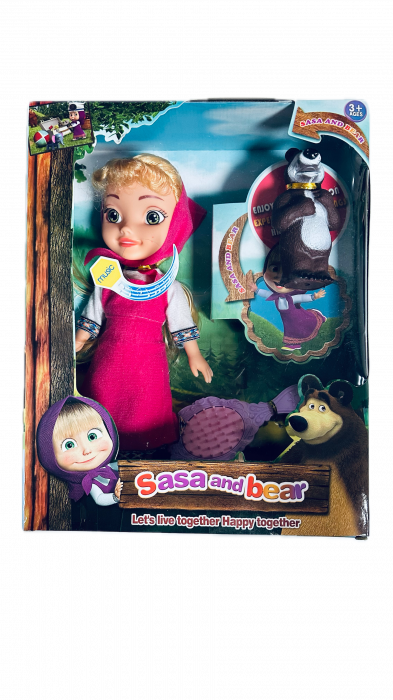 Set de joaca Papusa Masha si Ursul/Masha and the Bear, cu perie de par, cu muzica, 25 cm, Multicolor [4]
