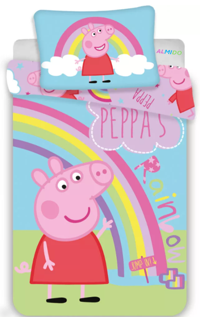 Set lenjerie pat copii ALMIDO, Peppa Pig RAINBOW, cearceaf pilota si husa fata de perna, 100x135 cm, 40x60 cm [1]