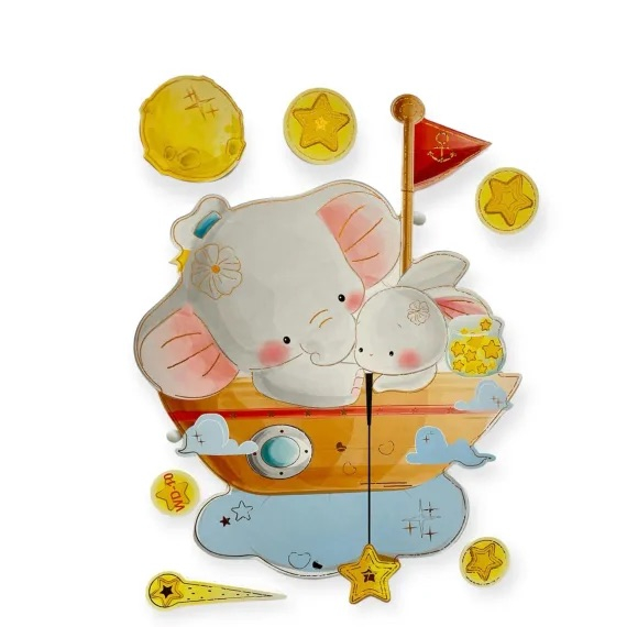 Sticker perete autocolant decorativ 3D, Almido, 40x30cm, Elefant cu iepure pe barca, Albastru deschis [1]