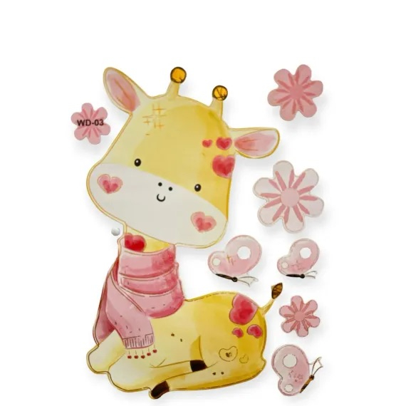 Sticker perete autocolant decorativ 3D, Almido, 40x30cm, Girafa cu fular, fluturasi si floricele, Galben Roz [1]