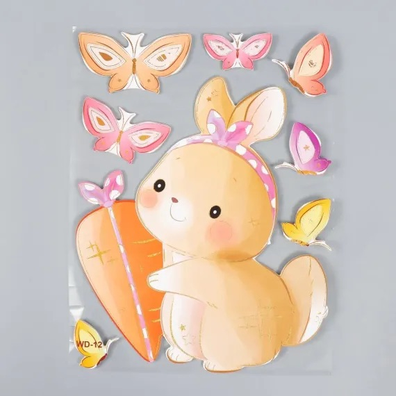 Sticker perete autocolant decorativ 3D, Almido, 40x30cm, Iepuras cu fluturi si morcov, Pastel [3]