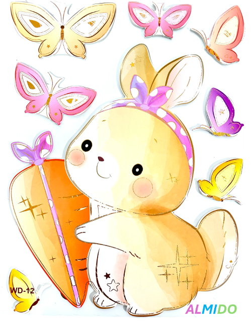 Sticker perete autocolant decorativ 3D, Almido, 40x30cm, Iepuras cu fluturi si morcov, Pastel [1]
