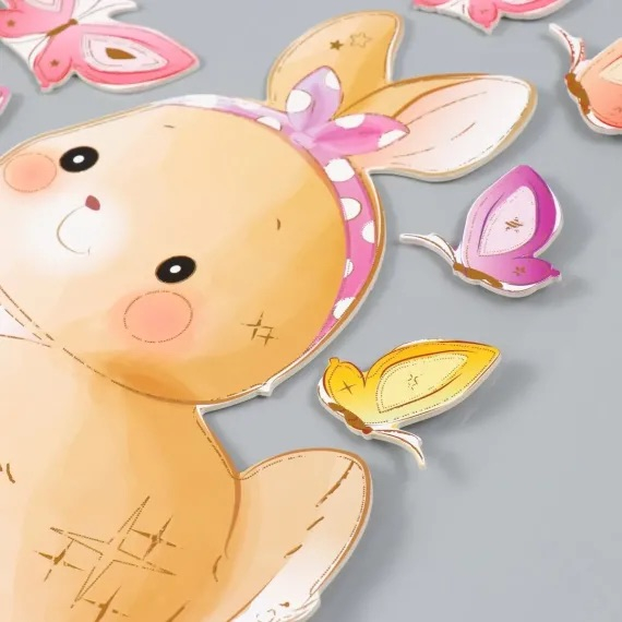 Sticker perete autocolant decorativ 3D, Almido, 40x30cm, Iepuras cu fluturi si morcov, Pastel [2]