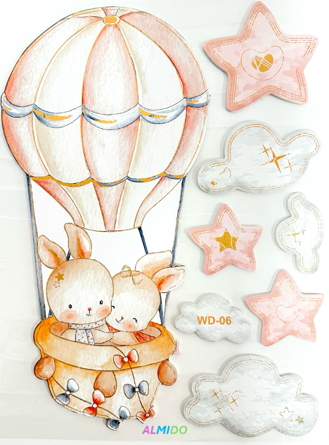 Sticker perete autocolant decorativ 3D, Almido, 40x30cm, Iepurasi in balon cu norisori si stelute, Pastel Roz [1]
