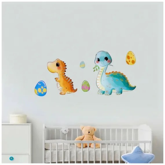 Sticker perete autocolant decorativ 3D, Almido, 40x30cm, Pui de Dinozaur cu oua, Multicolor verde [4]