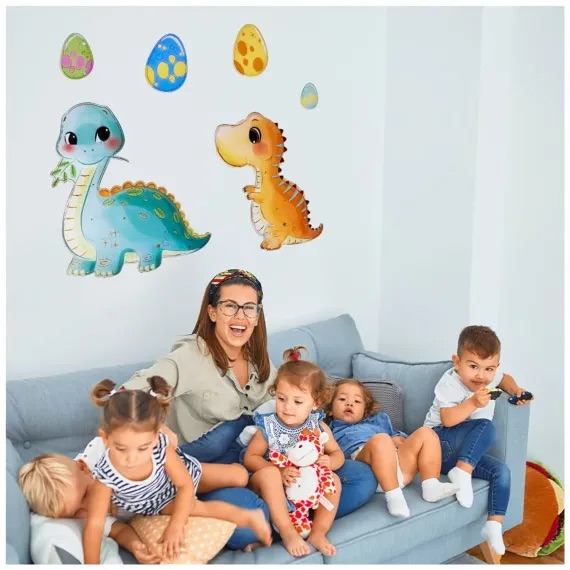 Sticker perete autocolant decorativ 3D, Almido, 40x30cm, Pui de Dinozaur cu oua, Multicolor verde [3]