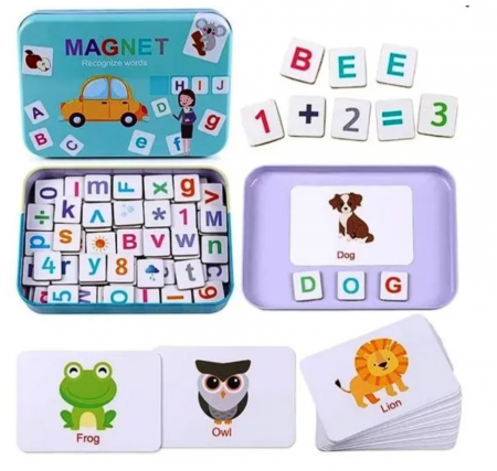 Jocuri si Puzzle - Alfabetar magnetic, litere si cifre magnetice, imagini, Almido, 74 piese, 30 cartonase, cutie metalica, 17x12x3cm