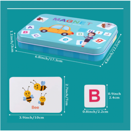 Alfabetar magnetic, litere si cifre magnetice, imagini, Almido, 74 piese, 30 cartonase, cutie metalica, 17x12x3cm [6]