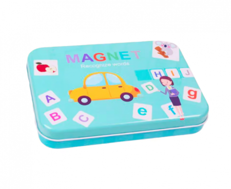 Alfabetar magnetic, litere si cifre magnetice, imagini, Almido, 74 piese, 30 cartonase, cutie metalica, 17x12x3cm [1]