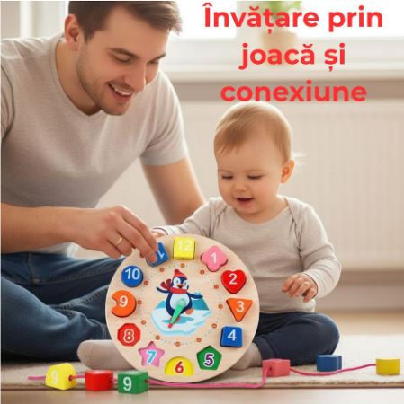 Ceas educaţional din lemn multicolor Almido – joc Montessori cu forme de şiretuit  diametru 17.2 cm pentru învăţarea timpului [2]