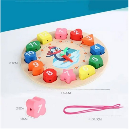 Ceas educaţional din lemn multicolor Almido – joc Montessori cu forme de şiretuit  diametru 17.2 cm pentru învăţarea timpului [8]