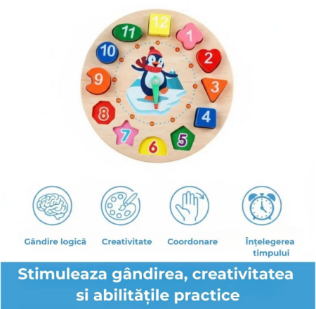Ceas educaţional din lemn multicolor Almido – joc Montessori cu forme de şiretuit  diametru 17.2 cm pentru învăţarea timpului [5]