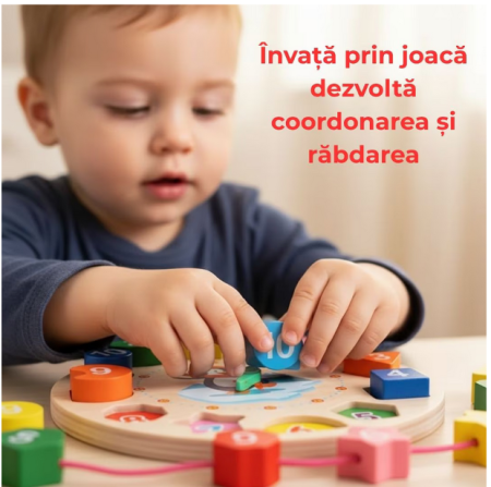 Ceas educaţional din lemn multicolor Almido – joc Montessori cu forme de şiretuit  diametru 17.2 cm pentru învăţarea timpului [1]