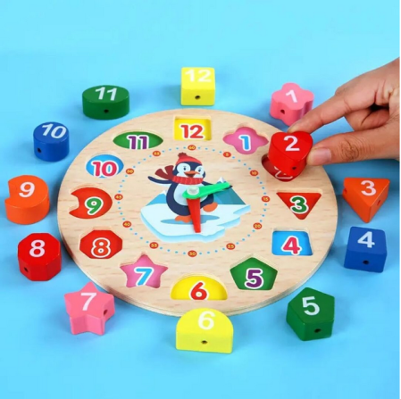Ceas educaţional din lemn multicolor Almido – joc Montessori cu forme de şiretuit  diametru 17.2 cm pentru învăţarea timpului [9]