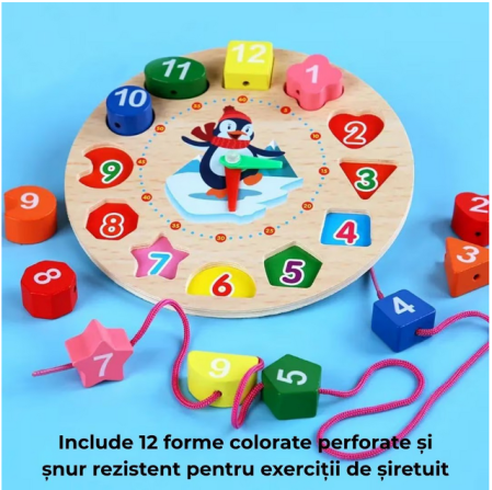 Ceas educaţional din lemn multicolor Almido – joc Montessori cu forme de şiretuit  diametru 17.2 cm pentru învăţarea timpului [4]