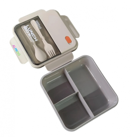 Cutie pranz copii, Almido, 3 compartimente, cu lingura si furculita, rezistenta la scurgeri16.5x16.5x6cm, gri neutru [1]