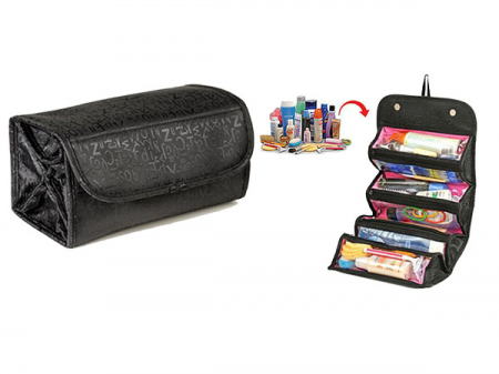 Geanta organizator cosmetice pentru calatorie cu 4 compartimente, 24 x 15 cm, Negru/Roz [3]