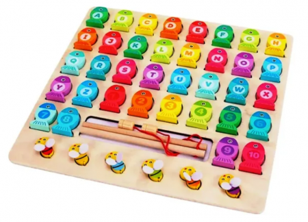 Jocuri si Puzzle - Joc de pescuit Montessori din lemn cu magnet, puzzle incastru, alfabet si cifre, 44 piese, Almido , Multicolor