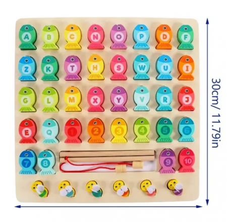 Joc de pescuit Montessori din lemn cu magnet, puzzle incastru, alfabet si cifre, 44 piese, Almido , Multicolor [1]