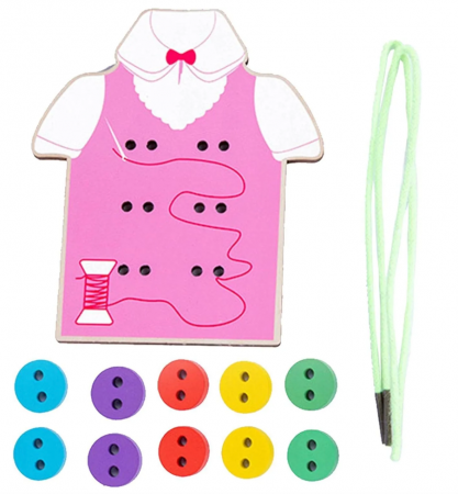Jocuri si Puzzle - Joc educativ din lemn de snuruit nasturii pe camasa Montessori, Almido, Roz multicolor 3 ani+