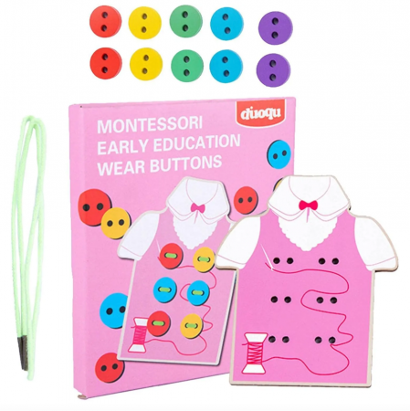 Joc educativ din lemn de snuruit nasturii pe camasa Montessori, Almido, Roz multicolor 3 ani+ [2]
