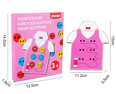 Joc educativ din lemn de snuruit nasturii pe camasa Montessori, Almido, Roz multicolor 3 ani+ [3]