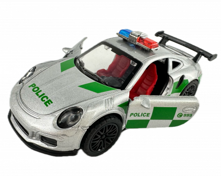 Masinute - Masina metalica Politie, Lumini si Sunete, Usi mobile, 11 cm, Gri cu Verde