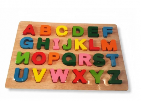 Jocuri si Puzzle - Puzzle Educativ din Lemn cu Alfabet, Almido®, 26 de Litere, Multicolor, Tablita Incastru, 22.5 x 17 x 2 cm