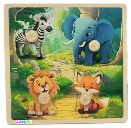 Puzzle - Puzzle incastru din lemn, 4 piese cu buton, Animale salbatice, Almido, Multicolor