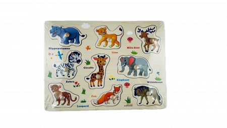 Puzzle - Puzzle lemn, tablita incastru in limba engleza, 9 piese, Animale salbatice