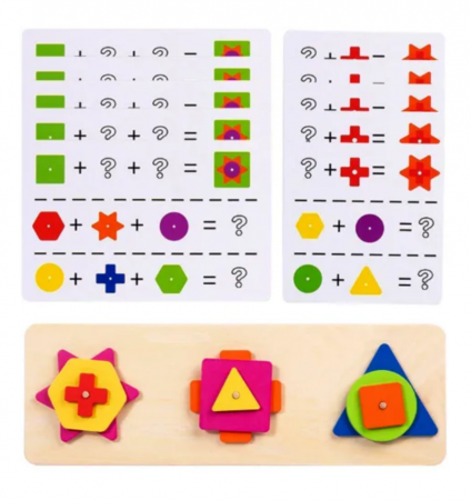 Jocuri si Puzzle - Puzzle logic Montessori din lemn,asocieri forme geomotrice cu cartonase Almido, 30 cm