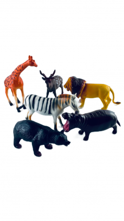Jocuri si Jucarii - Set 6 Animale Savana si Padure, Leu, Hipopotam, Girafa, Zebra, Urs, Cerb, 12cm