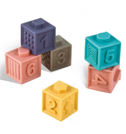 Jucarii interactive bebelusi - Set 6 cuburi moi interactive si senzoriale pentru bebelusi, educative, gingivale, din silicon, Almido, multicolor