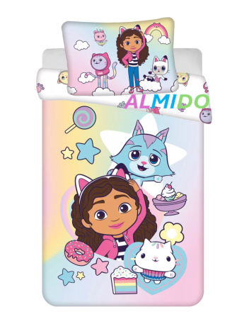 Mobilier camera copilului - Set de lenjerie pat copii ALMIDO, Gabby's Dollhouse Sugar Dream, cearceaf pilota si husa fata de perna, 100x135 cm, 40x60 cm