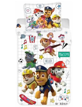 Mobilier camera copilului - Set de lenjerie pat copii ALMIDO, Patrula Catelusilor grid, cearceaf pilota si husa fata de perna, 100x140 cm, 40x45 cm