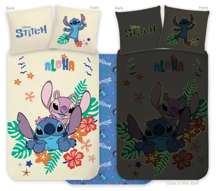 Lenjerii si huse patut - Set lenjerie pat copii, Almido, Lilo si Stitch, Cainele Steaua Aloha, Glow in the Dark, cearceaf pilota si husa fata de perna, 100x135 cm, 40x60 cm