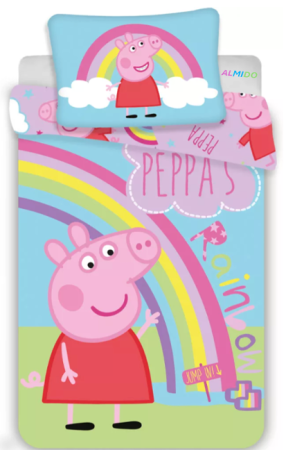 Lenjerii si huse patut - Set lenjerie pat copii ALMIDO, Peppa Pig RAINBOW, cearceaf pilota si husa fata de perna, 100x135 cm, 40x60 cm