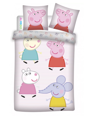 Lenjerii si huse patut - Set lenjerie pat copii ALMIDO, Peppa Pig si prietenii, cearceaf pilota si husa fata de perna, 100x135 cm, 40x60 cm