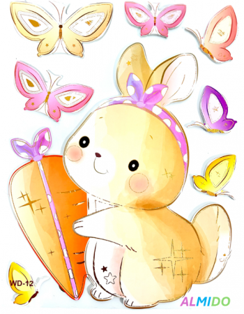 Stickere decorative - Sticker perete autocolant decorativ 3D, Almido, 40x30cm, Iepuras cu fluturi si morcov, Pastel