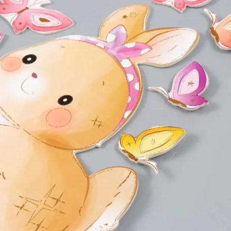 Sticker perete autocolant decorativ 3D, Almido, 40x30cm, Iepuras cu fluturi si morcov, Pastel [1]