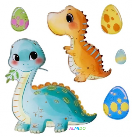 Stickere decorative - Sticker perete autocolant decorativ 3D, Almido, 40x30cm, Pui de Dinozaur cu oua, Multicolor verde