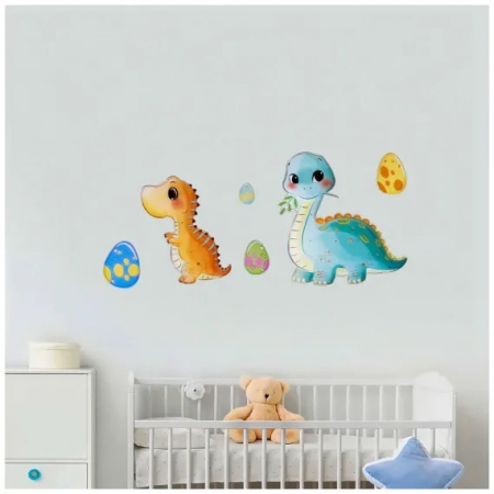 Sticker perete autocolant decorativ 3D, Almido, 40x30cm, Pui de Dinozaur cu oua, Multicolor verde [3]